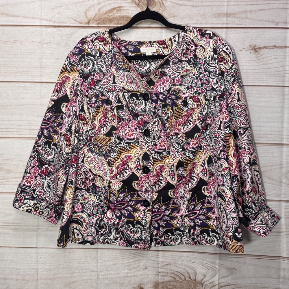 Charter Club Woman 2X Paisley Button Front Jacket Pink Purple Multi Color 3/4 Sl